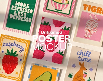 Mockup: ingelijste 5:7 poster PSD en png | Mockup met meerdere posters, 7 postercollectie, DIN A-verhouding, galerijposterprint, ansichtkaart, A4-mockup