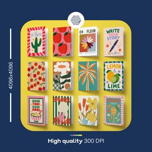 May include: A collection of twelve rectangular greeting cards arranged in a grid, featuring various colorful graphic illustrations including cacti, apples, flowers, a pen, lemons, limes, pasta, and text such as oi there, 04 FLEUR, WRITE YOUR STORY, LEMON & LIME, GOOD FOOD GOOD MOOD, SPAGBOL CLUB, and PASTA.