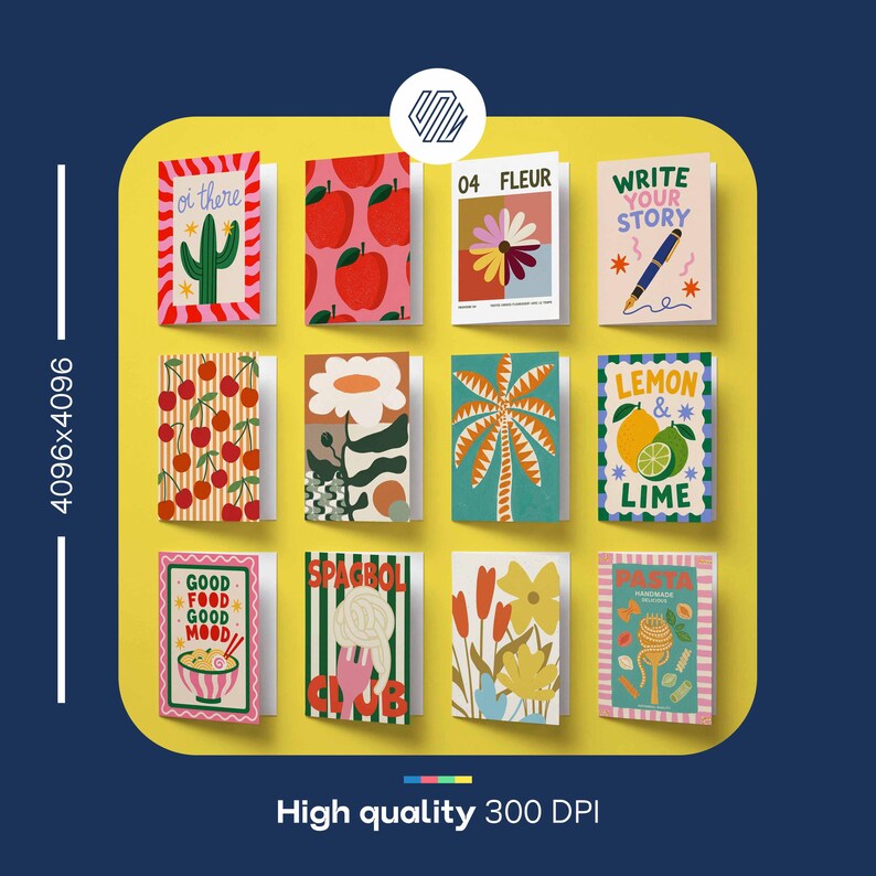 May include: A collection of twelve rectangular greeting cards arranged in a grid, featuring various colorful graphic illustrations including cacti, apples, flowers, a pen, lemons, limes, pasta, and text such as oi there, 04 FLEUR, WRITE YOUR STORY, LEMON & LIME, GOOD FOOD GOOD MOOD, SPAGBOL CLUB, and PASTA.