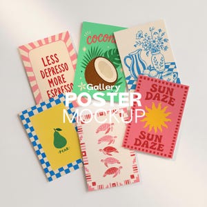 6 Poster Mockup PSD | 5x7 Unframed Art Print, Gallery Flat Lay, Multiple Poster Collection, Editable Smart Object Template