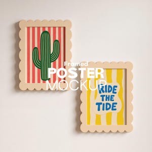 May include: Two scalloped-edge light beige frames. The left frame contains a green cactus on a red and white striped background. The right frame features a yellow and white striped background with a white shape containing the blue text RIDE THE TIDE.