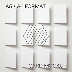 May include: A grid of twelve blank white folded cards arranged in three rows of four. The text A5 / A6 FORMAT appears at the top left, and CARD MOCKUP is at the bottom right. A black geometric line art logo is centered over the middle cards.