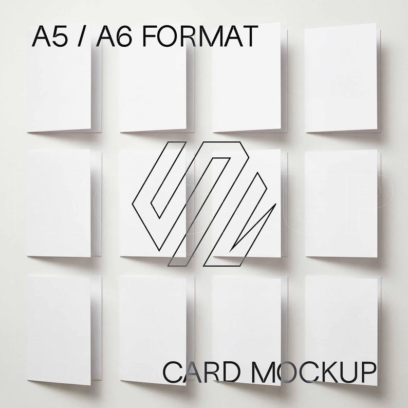 May include: A grid of twelve blank white folded cards arranged in three rows of four. The text A5 / A6 FORMAT appears at the top left, and CARD MOCKUP is at the bottom right. A black geometric line art logo is centered over the middle cards.