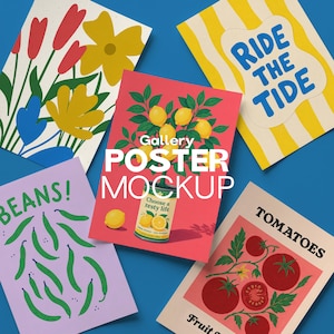 May include: A collection of five rectangular posters featuring colorful illustrations of flowers, a lemon tree with a can labeled Choose a zesty life, green beans with the text BEANS!, tomatoes, and yellow stripes with the text RIDE THE TIDE.