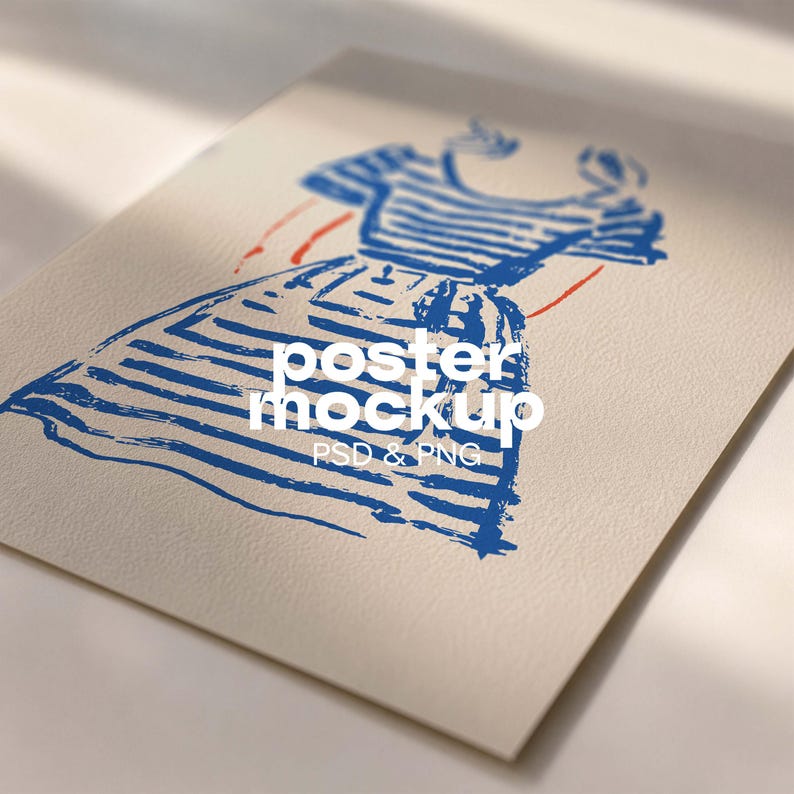 Peut inclure: Une affiche rectangulaire pr&eacute;sentant une illustration &agrave; l'encre bleue d'une robe ray&eacute;e &agrave; manches courtes et jupe &eacute;vas&eacute;e. Le texte "poster mockup PSD & PNG" est imprim&eacute; en blanc au centre de l'illustration de la robe bleue.