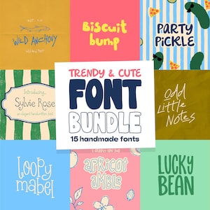 Peut inclure: Un ensemble de polices numériques présentant un carré central blanc avec le texte TRENDY & CUTE FONT BUNDLE 15 handmade fonts. Autour, divers carrés colorés présentent différents styles typographiques et noms tels que Wild Anchovy, Biscuit Bump, Party Pickle, Sylvie Rose, Odd Little Notes, Loopy Mabel, Apricot Amble et Lucky Bean.