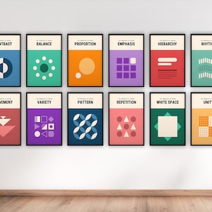 Op de afbeelding: Een set van twaalf ingelijste posters, elk met een ontwerp, die een ontwerpprincipe illustreren met geometrische vormen en tekst. De posters tonen kleuren als blauw, oranje en groen, met titels als "Contrast", "Balans" en "Proportie".