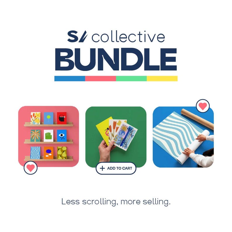 K&ouml;nnte beinhalten: Das Bild zeigt ein "BUNDLE" von Produkten, darunter farbenfrohe Kunstdrucke, ein Kartenset und Tapeten. Der Text "Less scrolling, more selling" ist ebenfalls sichtbar. Das Design ist modern und lebendig, mit Fokus auf visuelle Attraktivit&auml;t.