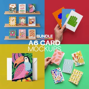 May include: A collection of A6 card mockups featuring various designs. The cards showcase floral, fruit, and abstract patterns, along with a toucan illustration. The image includes cards on shelves, held in hand, and with envelopes. The word "BUNDLE" is visible.