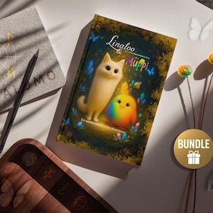 Könnte beinhalten: Ein Kinderbuch mit dem Titel "Linaloo & Müppi" mit einer Cartoon-Katze und einem regenbogenfarbenen Wesen auf dem Cover. Das Cover zeigt eine skurrile Waldszene. Ein "BUNDLE"-Aufkleber ist sichtbar. Weitere Artikel sind vorhanden.