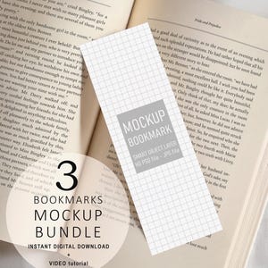 May include: A mockup bundle of three bookmarks with a grid pattern, resting on an open book. The bookmarks have a rectangular design with a gray box that says "MOCKUP BOOKMARK". The text "3 BOOKMARKS MOCKUP BUNDLE" is also visible.