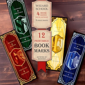 May include: Set of 12 printable bookmarks with a Wizard School theme. Each bookmark features a unique design with house colors and crests, including text like "Cunning, Ambitious" and "Bravery, Daring". The set also includes 4 house banners.