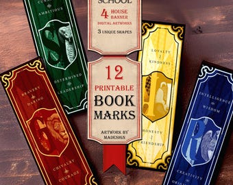 May include: Set of 12 printable bookmarks with a Wizard School theme. Each bookmark features a unique design with house colors and crests, including text like "Cunning, Ambitious" and "Bravery, Daring". The set also includes 4 house banners.