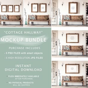 May include: A mockup bundle of five cottage hallway scenes featuring a wooden bench with pillows, a ladder, and various framed artwork. The text "COTTAGE HALLWAY MOCKUP BUNDLE" is displayed in a light green box. The text "PURCHASE INCLUDES - 5 PSD FILES with smart objects - 5 HIGH RESOLUTION JPG FILES" is displayed in a white box. The text "INSTANT DIGITAL DOWNLOAD" is displayed in a light green box. The text "FILES IMMEDIATELY AVAILABLE AFTER PURCHASE" is displayed in a white box. The text "NO PHYSICAL PRODUCTS WILL BE SHIPPED" is displayed in a white box.