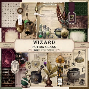 Könnte beinhalten: Eine Collage digitaler Papiere mit dem Thema Zaubertrankklasse. Das Bild zeigt Zaubertrankflaschen, Kessel, Federn und den Text "Wizard Potion Class 53 Digital Papers". Die Farbpalette umfasst Beige, Braun, Grün und Burgunderrot.