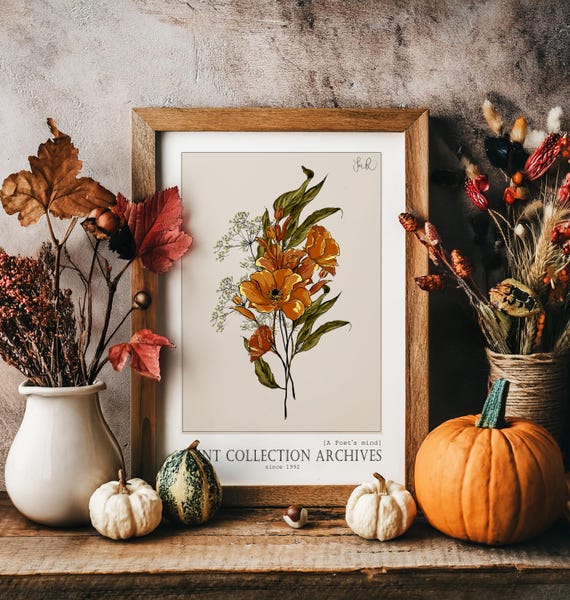 AUTUMN POSTER ART  printable  Autumn Pumpkin Floral Landscape Decor Cozy Neutral Vintage Rustic Farmhouse Wall Art instant digital download