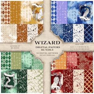 Puede incluir: Un paquete de papel digital con temática de mago. La imagen presenta cuatro cuadrantes con papeles estampados en varios colores, incluyendo dorado, azul, verde y rojo. Cada cuadrante tiene un escudo con un animal. El texto dice "WIZARD DIGITAL PAPERS BUNDLE".