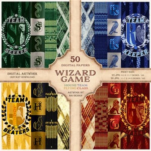 May include: Digital paper set featuring various designs inspired by a wizarding game. The collection includes patterns in green, blue, gold, and red, with team emblems and text. The set includes 50 digital papers, perfect for digital artwork.