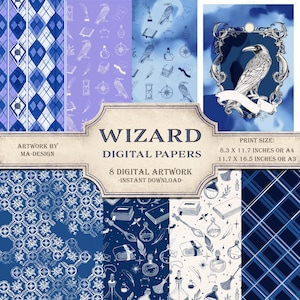 WIZARD DIGITAL paper house blue set gift fantasy Print magical wizard pattern school decor pattern digital paper wizard  journal printable