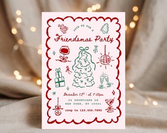 Puede incluir: Una invitación rosa para una fiesta de Friendsmas con un borde festoneado rojo. La invitación incluye ilustraciones verdes y rojas de elementos festivos como un árbol de Navidad, adornos y copas de champán. El texto dice "Join us for a Friendsmas Party."