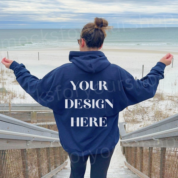 navy gildan 18500 hoodie mockup, navy hoodie gildan mockups, back of hoodie mockup, beach hoodie mockups, text on back mockup