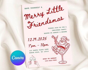 May include: A pink Christmas party invitation with red text that reads "Merry Little Friendsmas." The invitation includes the date, time, and location of the party, along with a cartoon Santa Claus illustration. The Canva logo is in the bottom left corner.