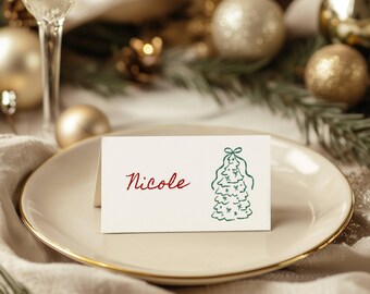 afdrukbare kerstdiner naam plaatskaart, bewerkbare sjabloon, printables vakantiefeest, vriendenfeest