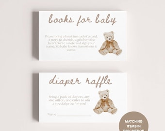 we can bearly wait books for baby card, baby shower diaper raffle, watercolor teddy, editable template