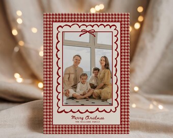 boho holiday photo card template, festive houndstooth 2025 christmas card, editable download