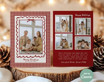 boho holiday photo card template, festive houndstooth 2025 christmas card, editable download