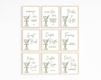 er is een kleine baby onderweg babyborden, uitnodiging martini-thema, bewerkbare sjabloon