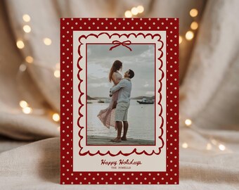 boho holiday photo card template, festive red bow 2025 christmas card, editable download