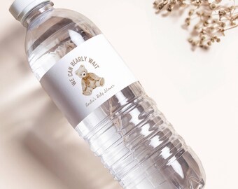 we can bearly wait water bottle label, personalized printable baby shower decor, canva template