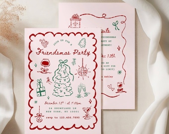 Kerstuitnodiging voor vrienden, grillige handgetekende sjabloon voor feestuitnodiging, bewerkbare uitnodiging