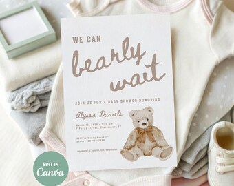 we can bearly wait, gender neutral baby shower invitation, bear theme baby shower, editable template