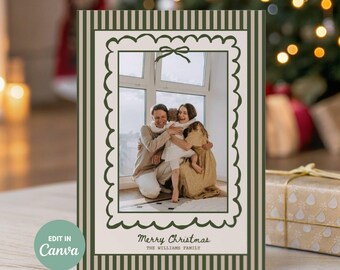 Kaartsjabloon boho-vakantiefoto, feestelijke groene strepen kerstkaart 2025, bewerkbaar