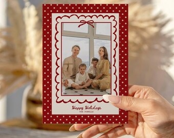 boho holiday photo card template, festive red bow 2025 christmas card, editable download