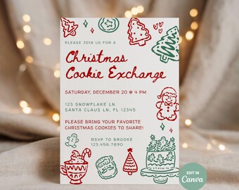 christmas cookie exchange invitation template, whimsical hand drawn christmas party invite, xmas party evite