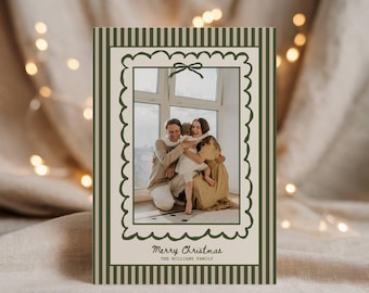 Kaartsjabloon boho-vakantiefoto, feestelijke groene strepen kerstkaart 2025, bewerkbaar