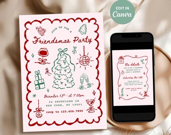 Kerstuitnodiging voor vrienden, grillige handgetekende sjabloon voor feestuitnodiging, bewerkbaar