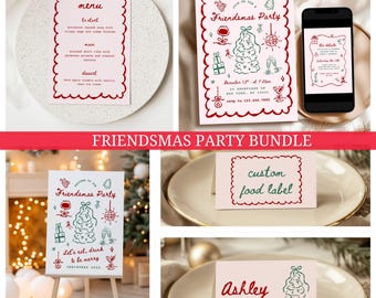 Peut inclure: Un ensemble de fête Friendsmas comprenant des invitations, des menus et des étiquettes. Les articles ont un fond rose avec des éléments décoratifs rouges et verts. Le menu comprend une liste de plats. L'invitation comprend la date, l'heure et les informations RSVP.