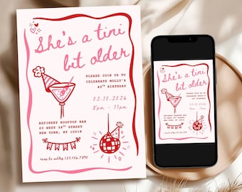 ze is een beetje ouder verjaardagsuitnodiging, martini-feestuitnodiging, bewerkbare sjabloon,
