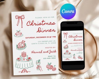 May include: A Christmas Dinner invitation with red and green illustrations and text. The invitation includes the text "Christmas Dinner", date, time, location, and RSVP information. A smartphone displays the same invitation.