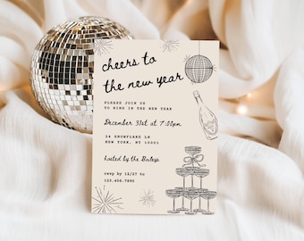new years eve party invitation, whimsical hand drawn doodles, editable canva template