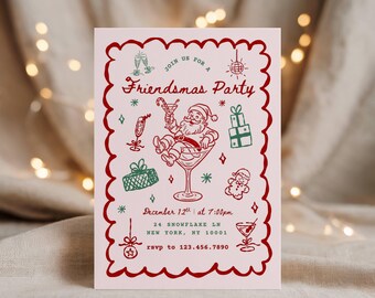 Kerstuitnodiging voor vrienden, grillige handgetekende sjabloon voor feestuitnodiging, bewerkbaar