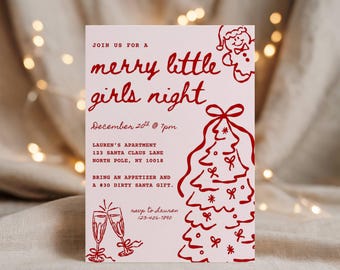 Vrolijke kleine meisjesnacht kerstfeestuitnodiging, grillige handgetekende doodles, bewerkbare canvassjabloon