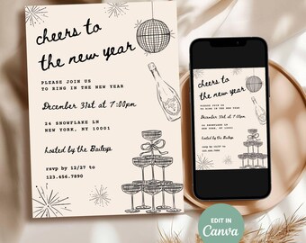 new years eve party invitation, whimsical hand drawn doodles, editable canva template, 2026