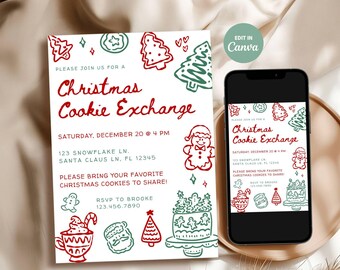 christmas cookie exchange invitation template, whimsical hand drawn christmas party invite, xmas party evite