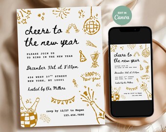 new years eve party invitation, whimsical hand drawn doodles, editable canva template, 2026 nye invite
