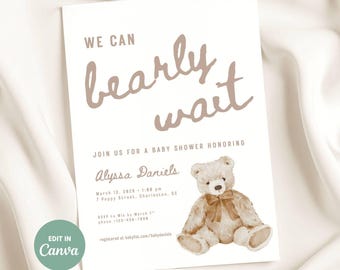we can bearly wait, gender neutral baby shower invitation, bear theme baby shower, editable template